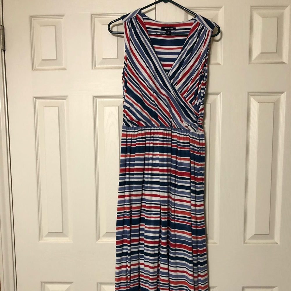 Lands End sleeveless maxi dress, size Small 6/8, red white and blue, v-neck